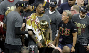 OAKLAND, CA - JUNE 19: J.R. Smith #5 of the Cleveland Cavaliers holds the Larry O'Brien Championship Trophy after defeating the Golden State Warriors 93-89 in Game 7 of the 2016 NBA Finals at ORACLE Arena on June 19, 2016 in Oakland, California. NOTE TO USER: User expressly acknowledges and agrees that, by downloading and or using this photograph, User is consenting to the terms and conditions of the Getty Images License Agreement. (Photo by Ronald Martinez/Getty Images) ORG XMIT: 643779267 ORIG FILE ID: 541547642